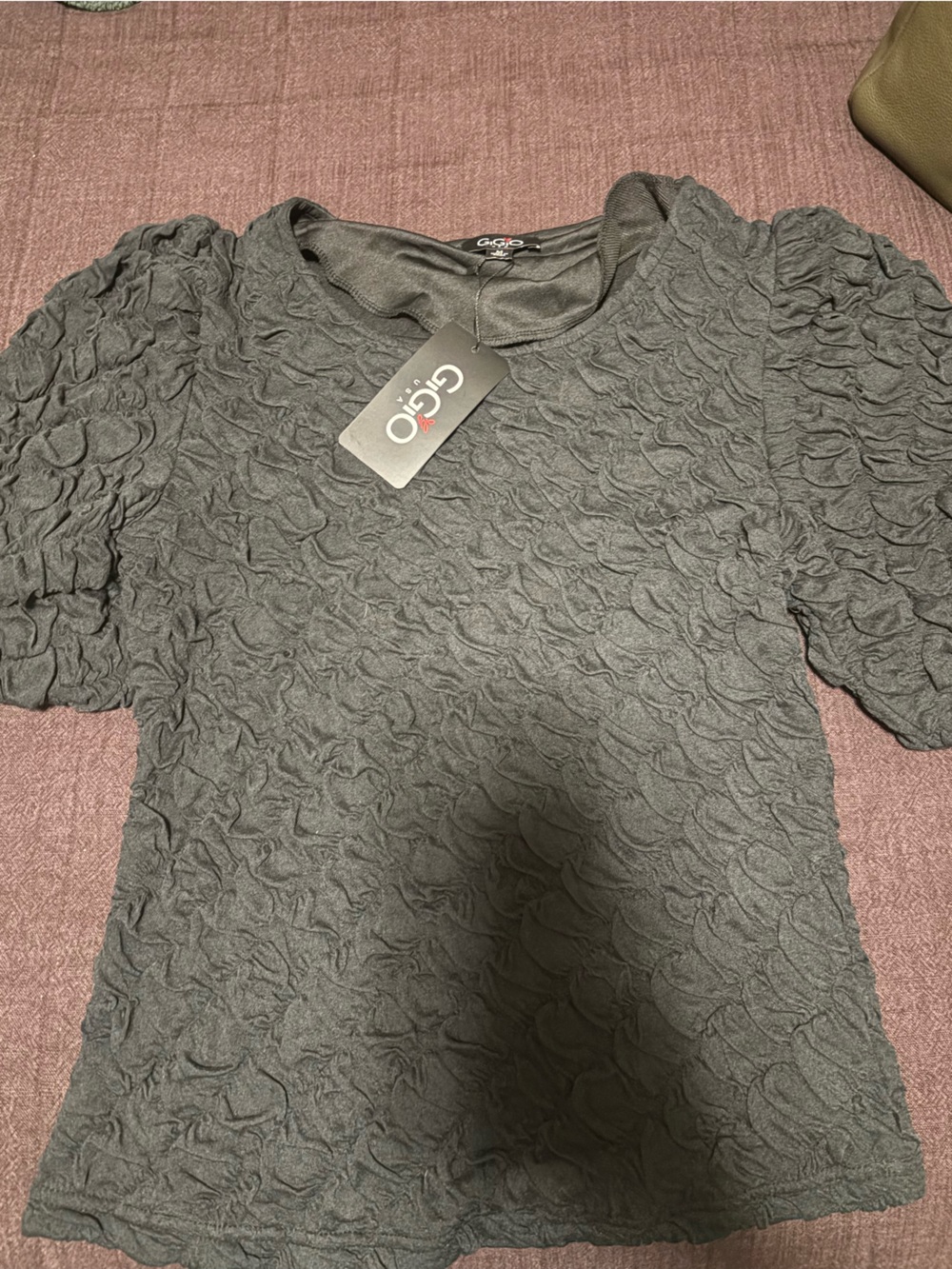 G.GO Textured Puff Sleeve Top in Charcoal Gray